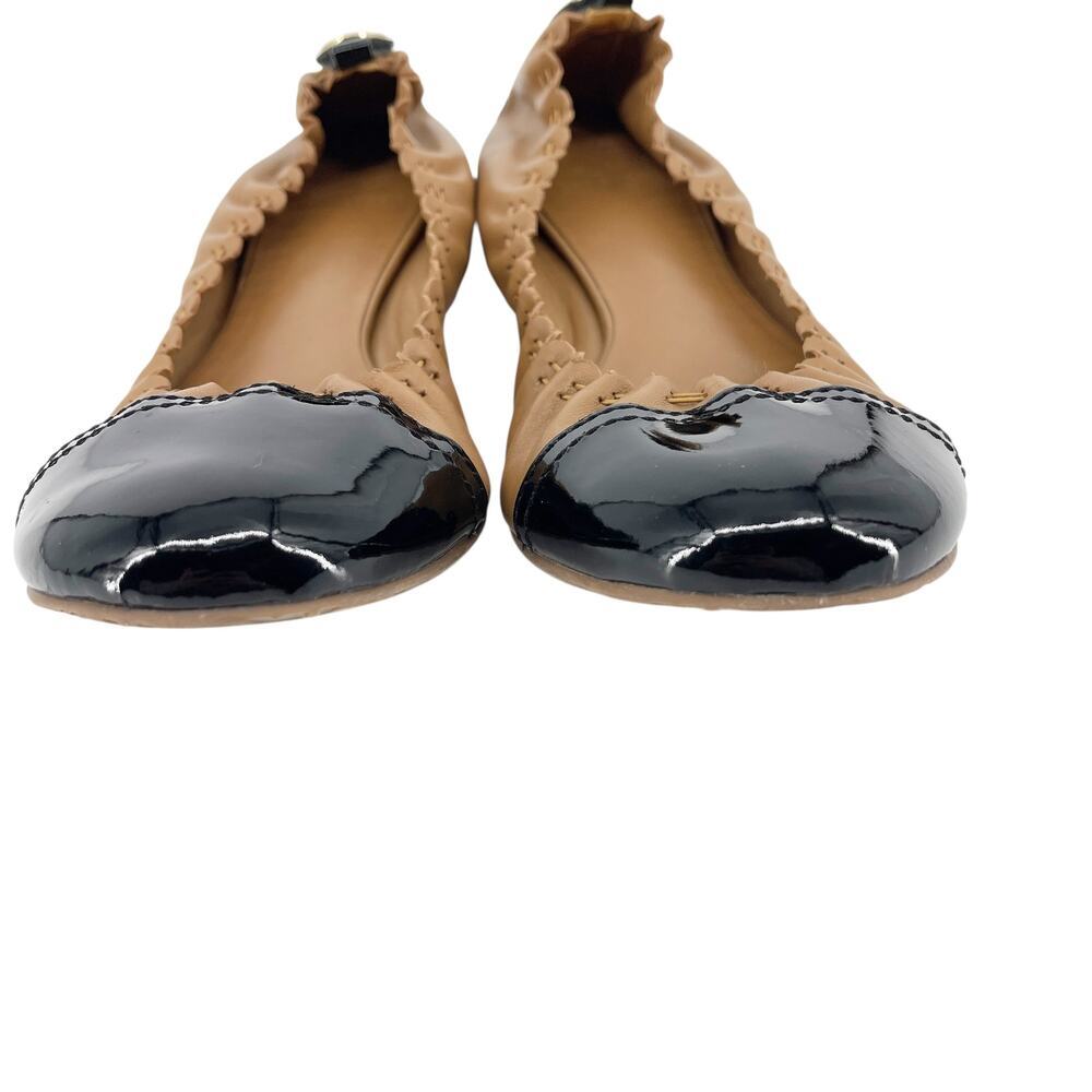 Tory Burch Melinda Cap Toe Ballet Flats Size 11 Tan Leather Black Patent Gold - Picture 3 of 7